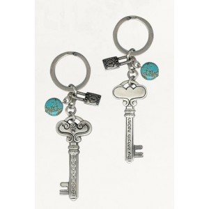 Silver Keychain with Skeleton Key Design, Turquoise Discs and Small Locks