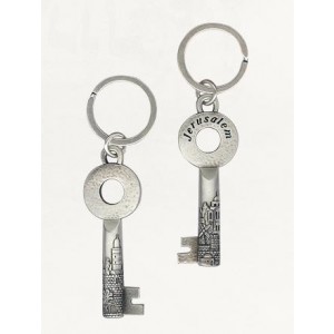 Silver Keychain with Skeleton Key Design, Jerusalem Image and English Text Israeli Art