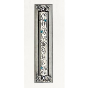 Silver Mezuzah with Block Frame, Hebrew Letter Shin, Crystals & Floral Pattern