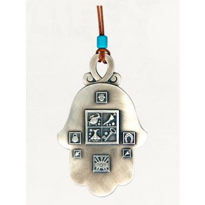 Silver Hamsa with Blessing Symbols, Leather Cord and Turquoise Bead