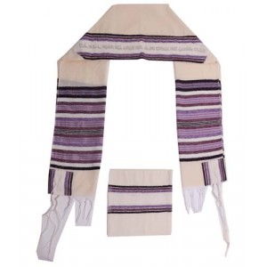 White Cotton Tallit with Purple and Black Stripes and Silver Hebrew Text Talitot
