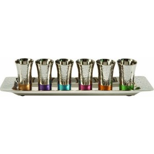 Yair Emanuel Nickel Wine Cup Set with Hammered Pattern and Multicolor Rings