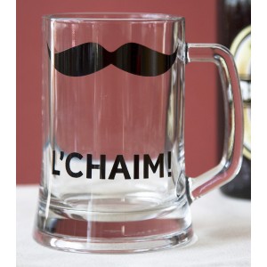 Glass Beer Pint Glass with Mustache and English Text by Barbara Shaw Vaisselle