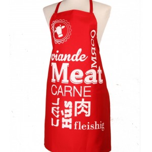 Red Meat Apron with White Text and Multiple Languages by Barbara Shaw Hogar y Cocina