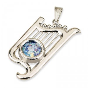 Harp Pendant in Silver with Roman Glass