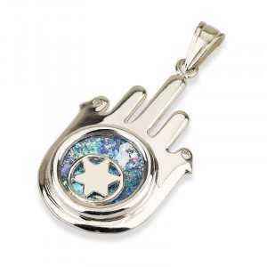 Hamsa Amulet in Silver with Star of David on Roman Glass Star of David Jewelry