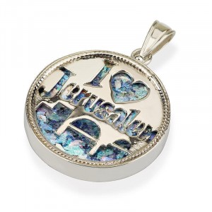 I Heart Jerusalem Silver Pendant with Roman Glass Jerusalem Jewelry