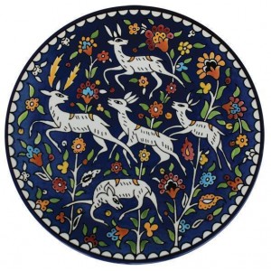 Armenian Ceramic Plate with Sprinting Gazelles & Flowers