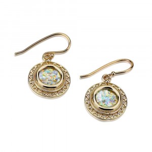Earrings with Wavy Cord and Roman Glass in 14k Yellow Gold