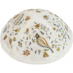 Kippah with Gold & Silver Embroidered Birds & Flowers- Yair Emanuel