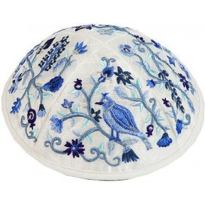 Kippah with Blue Embroidered Birds & Flowers- Yair Emanuel  Kipot