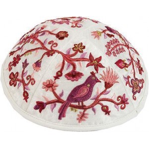 Kippah with Red Embroidered Birds & Flowers- Yair Emanuel 