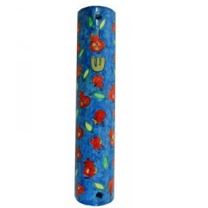 Hand painted Mezuzah with Small Pomegranates in Wood-Yair Emanuel Mezuzot