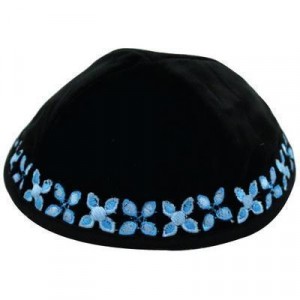Knitted Kippah in Black Velvet with Blue Floral Embroidery Kipot