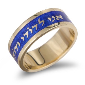 Blue Enamel and 14K Gold Ani LeDodi Ring by Anbinder Anillos Judíos