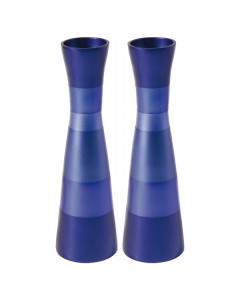 Yair Emanuel Anodized Aluminum Shabbat Candlesticks with Blue Stacked Rings Candelabros