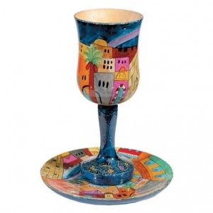 Yair Emanuel Large Wooden Kiddush Cup and Saucer with Jerusalem Depictions Yair Emanuel