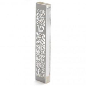 Stainless Steel and Plexiglas Mezuzah with Cutout Shin and Flowers Mezuzot