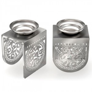 Dorit Judaica Stainless Steel Candlesticks With Laser-Cut Pomegranate Design Bougeoirs