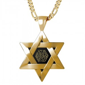 Gold Plated Star of David Necklace with Onyx Stone and 24K Gold Shema Yisrael  Inscription Bijoux de Bat Mitzva