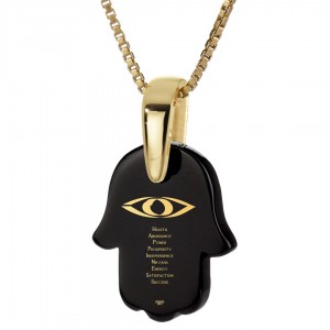 Gold Plated Onyx Stone Necklace with Evil Eye & Positivity Hamsa Design  Bijoux de Bat Mitzva