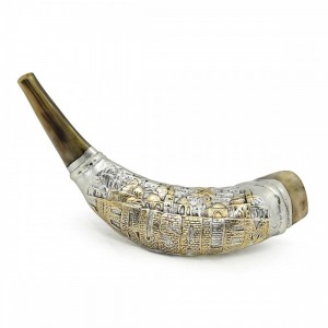 Polished Ram's Horn with Silver Sleeve in Jerusalem Design by Barsheshet-Ribak  Rosh Hashana