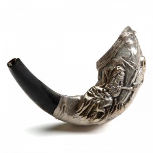 Polished Ram Horn Shofar with Sterling Silver Decorative Plates (Man Blowing Shofar) Shofares