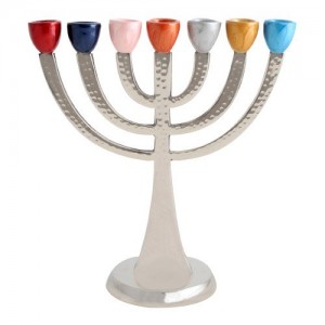Seven-Branched Aluminum Menorah With Hammered Finish and Multicolored Candleholders Seven Branch Menorahs