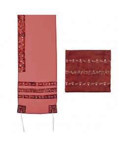 Red Floral Embroidery Organza Tallit with Bag by Yair Emanuel Talitot
