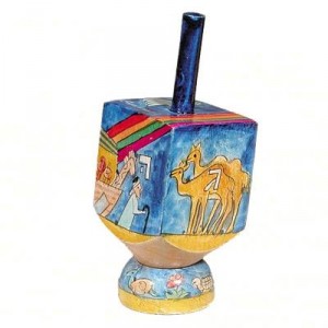 Yair Emanuel Small Wooden Dreidel with Depiction of Noah’s Ark Design and Stand Toupies