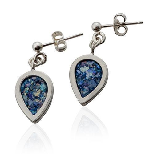 Stud Earrings with Roman Glass & Silver in Drop Shape by Rafael Jewelry
