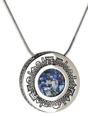 Sterling Silver Pendant with Roman Glass and Jerusalem Engraving-Rafael Jewelry