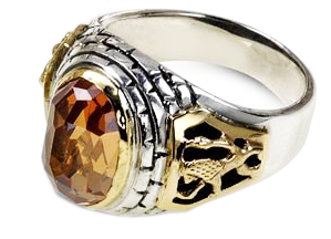 Rafael Jewelry Sterling Silver Ring with Yellow Gold Lion of Judah & Jerusalem Motif and Champagne Stone