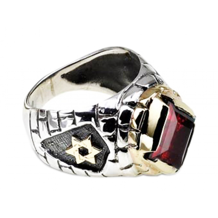 Rafael Jewelry Sterling Silver Ring with Yellow Gold Star of David and Jerusalem Motif & Garnet