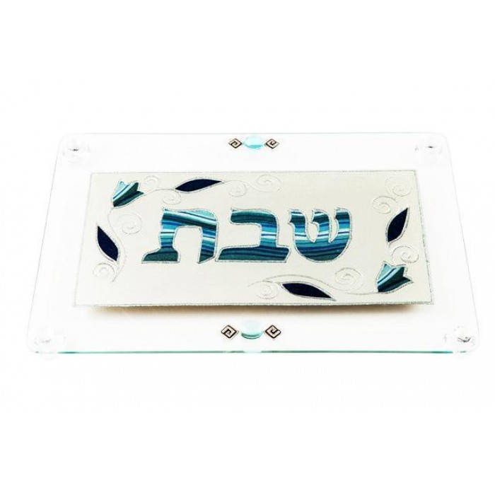 Glass Challah Board with Blue Striped Flowers