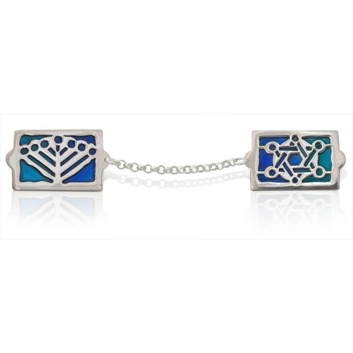 Tallit Clips in Sterling Silver with Enamel Star of David by Nadav Art