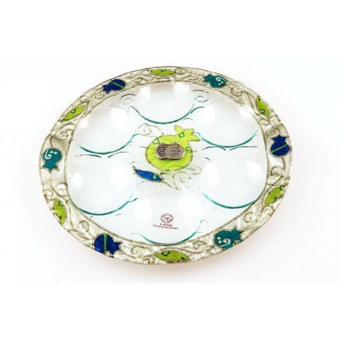 Rosh Hashanah Seder Plate with Blue Pomegranates in Glass