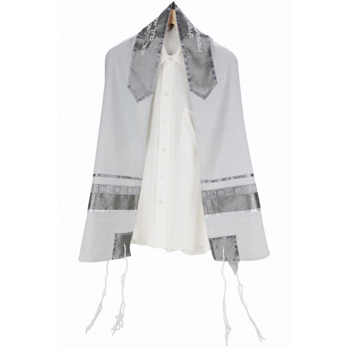 Tallit Set in White Viscose and Gray Rectangular Decorations