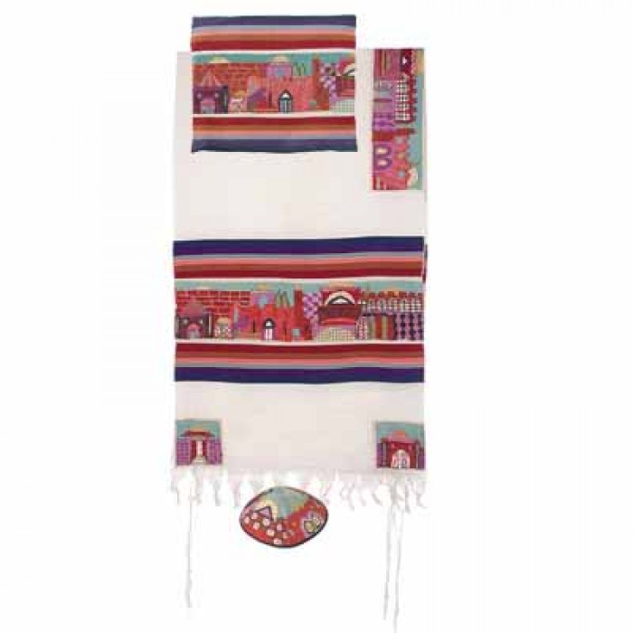 Yair Emanuel Colourful Jerusalem With Stripes Cotton Embroidered Tallit