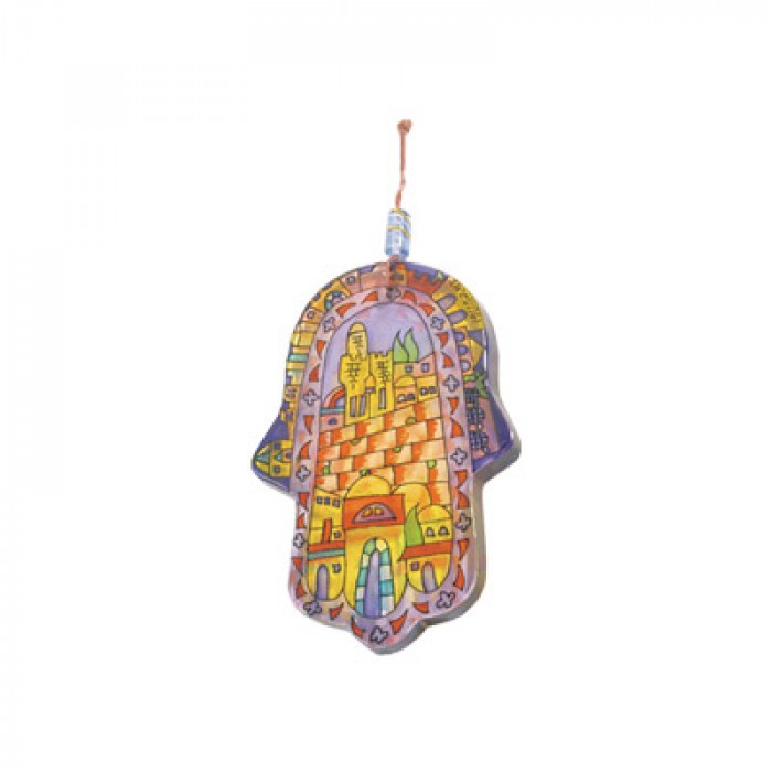 Painted Glass Hamsa with a Jerusalem Scene by Yair Emanuel 