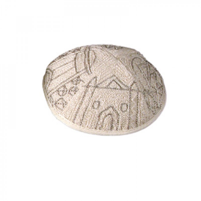 Yair Emanuel Silver Cotton Hand Embroidered Kippah with Jerusalem Design