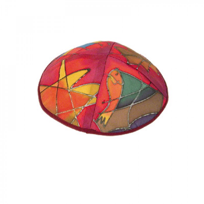Yair Emanuel Red Silk Kippah with Multicolor Designs