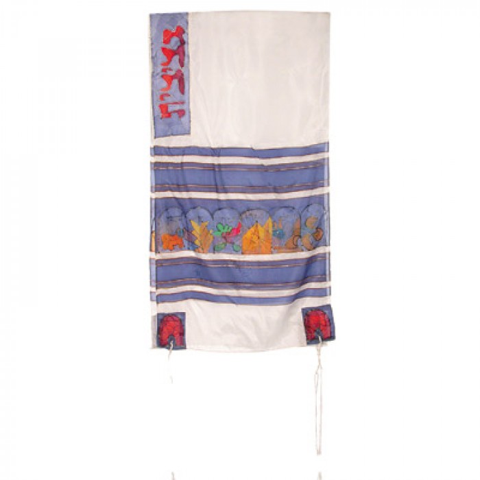 Yair Emanuel Hand Painted Tallit with Twelve Tribes Insignia in White Silk