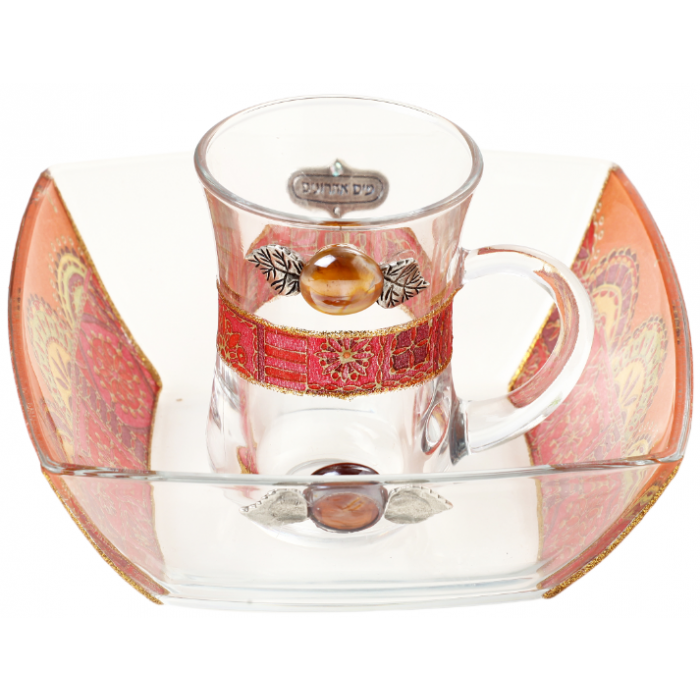 Glass Mayim Achronim Set with Painted Mosaic and Hebrew Plaque