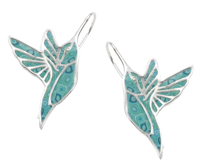 Hook Earrings with Mosaic Turquoise Hummingbird Design