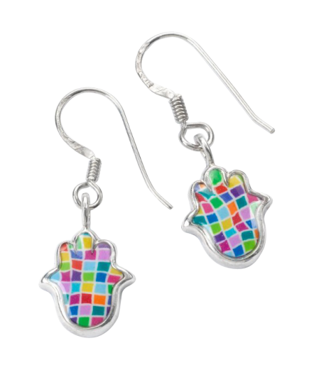 Hook Earrings with Multicolored Mosaic Hamsa Design