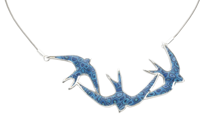 Necklace with Mosaic Blue Bird Trio Pendant