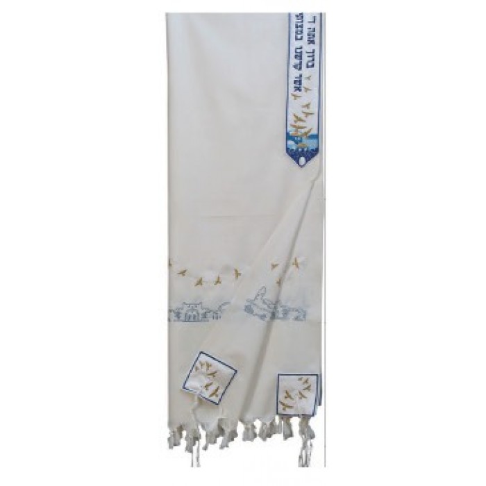 White Wool Tallit with Blue and Gold Jerusalem, Blessing and Birds