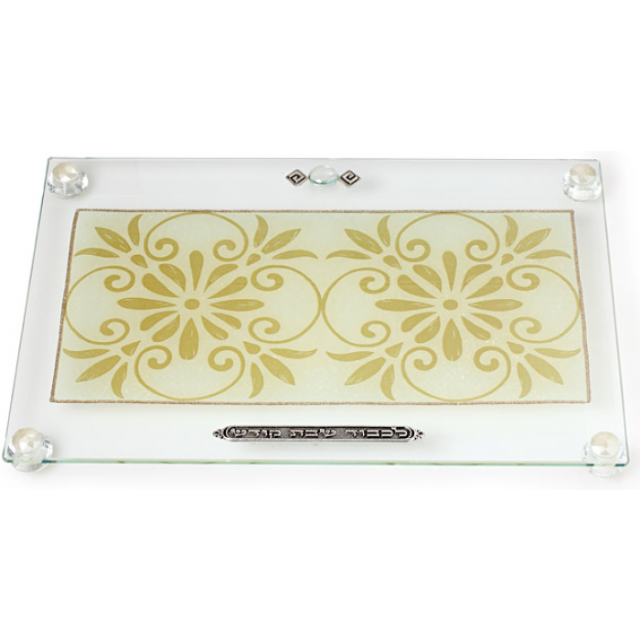 Glass Challah Board with Neutral Colored Motif 