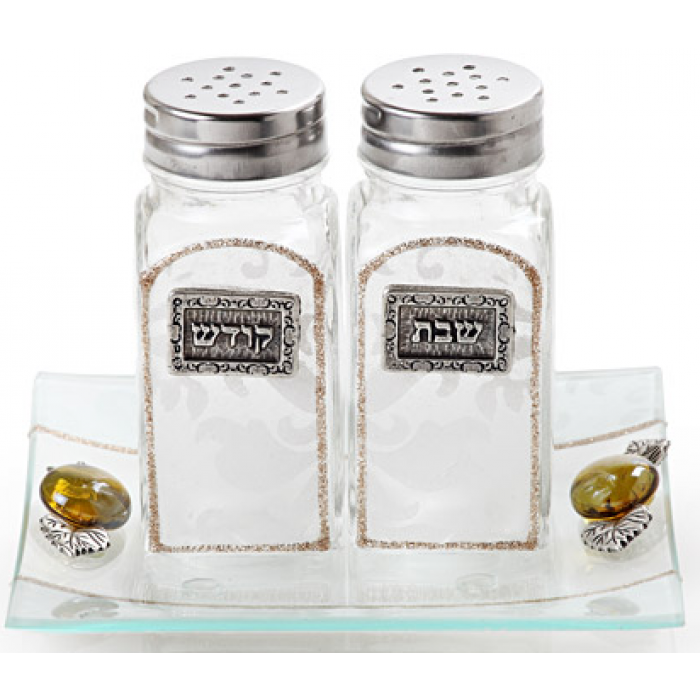 Glass Salt and Pepper Shaker Set for Shabbat with Translucent and Gold Design